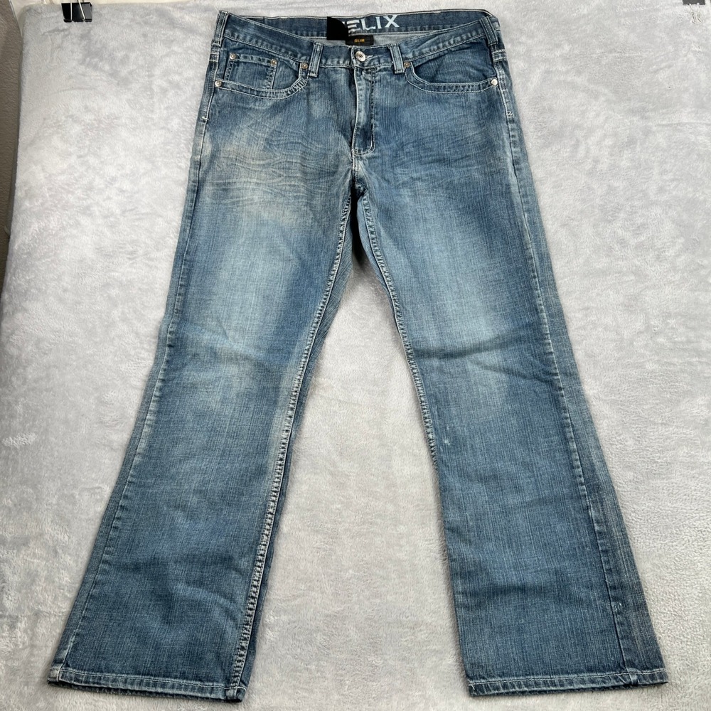 Helix Embroidered Cross Slim Fit Jeans 38x32 Blue Men Y2K Streetwear Grunge